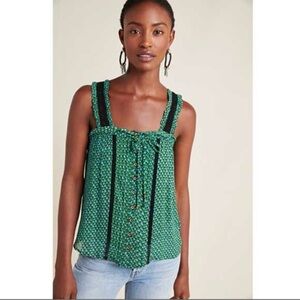 Anthropologie Green Printed Button Front Tank Top Size 14 Boho Lace Trim NWT